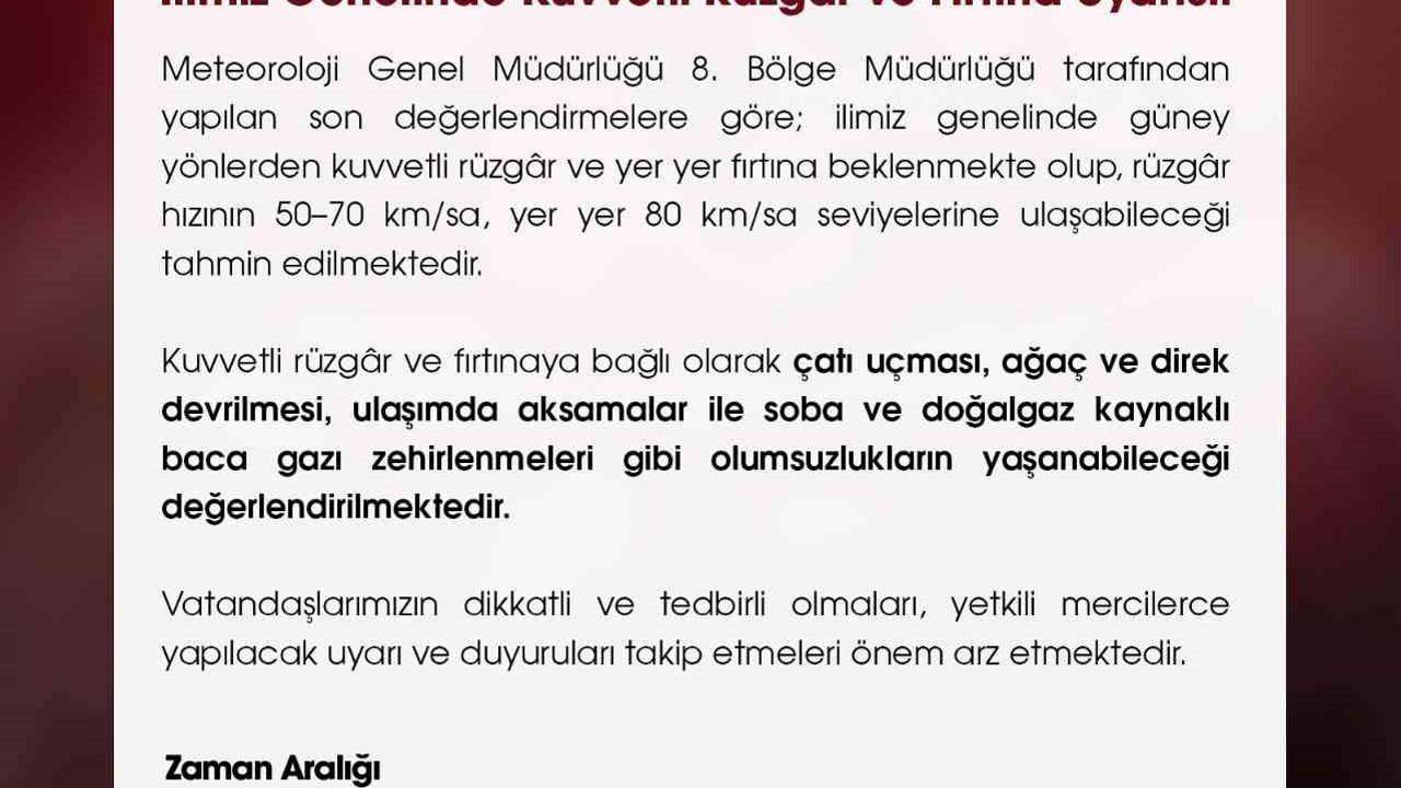 Niğde Valiliği’nden kuvvetli rüzgar uyarısı
