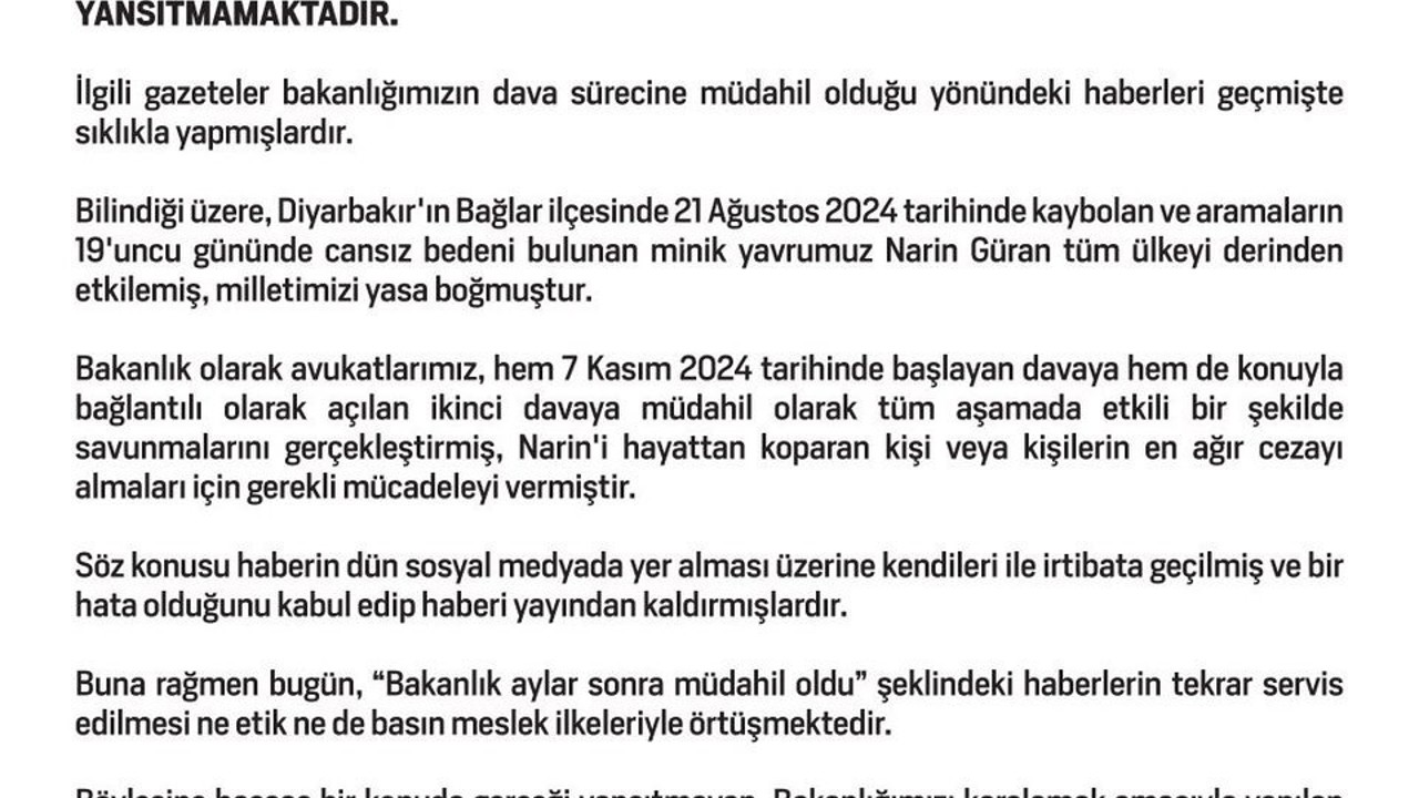 "Bakanlık Narin Güran cinayetine aylar sonra müdahil oldu" iddiasına yalanlama
