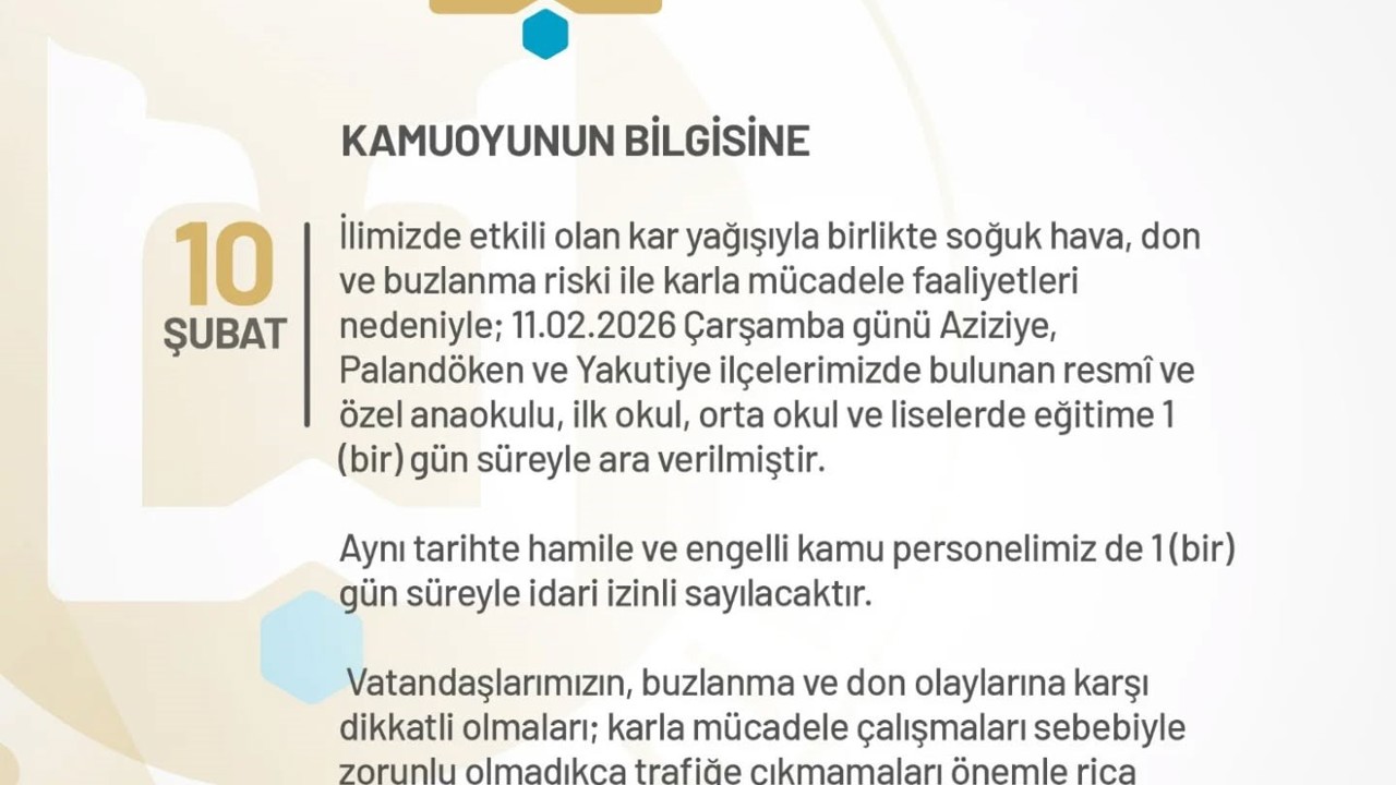 Erzurum’da eğitime bir gün ara verildi
