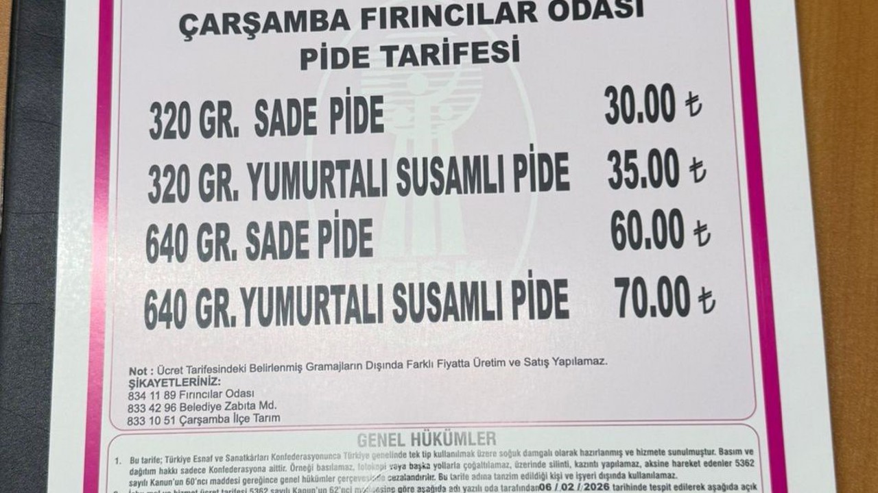 Çarşamba’da pide fiyatları belli oldu
