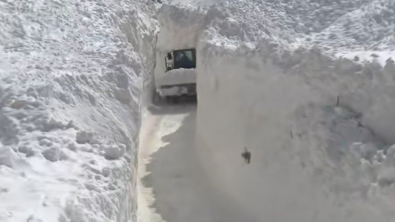 Çığ nedeniyle kapanan köy yolunda zorlu karla mücadele çalışması
