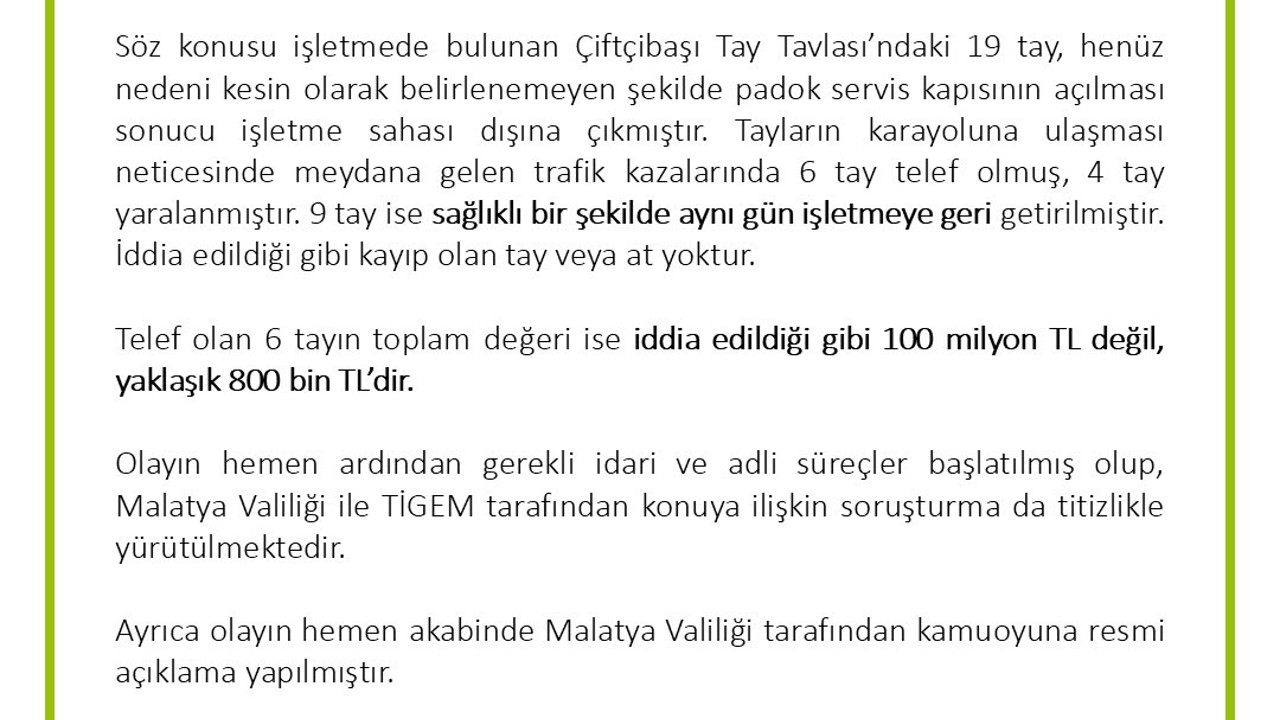 TİGEM’den ’değeri 100 milyon lira olan yarış atları kayıp’ iddialarına yalanlama
