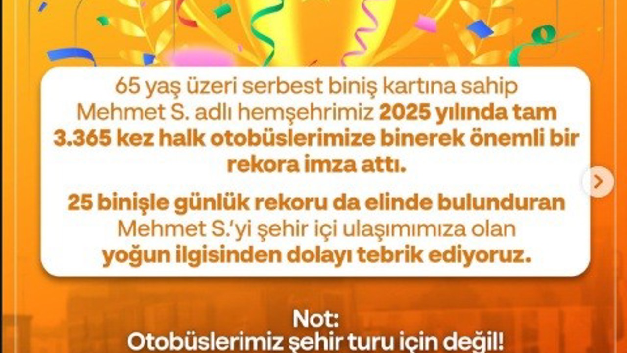 Yılda 3 bin 365 kullanımla, halk otobüsü kullanma rekoru kırdı
