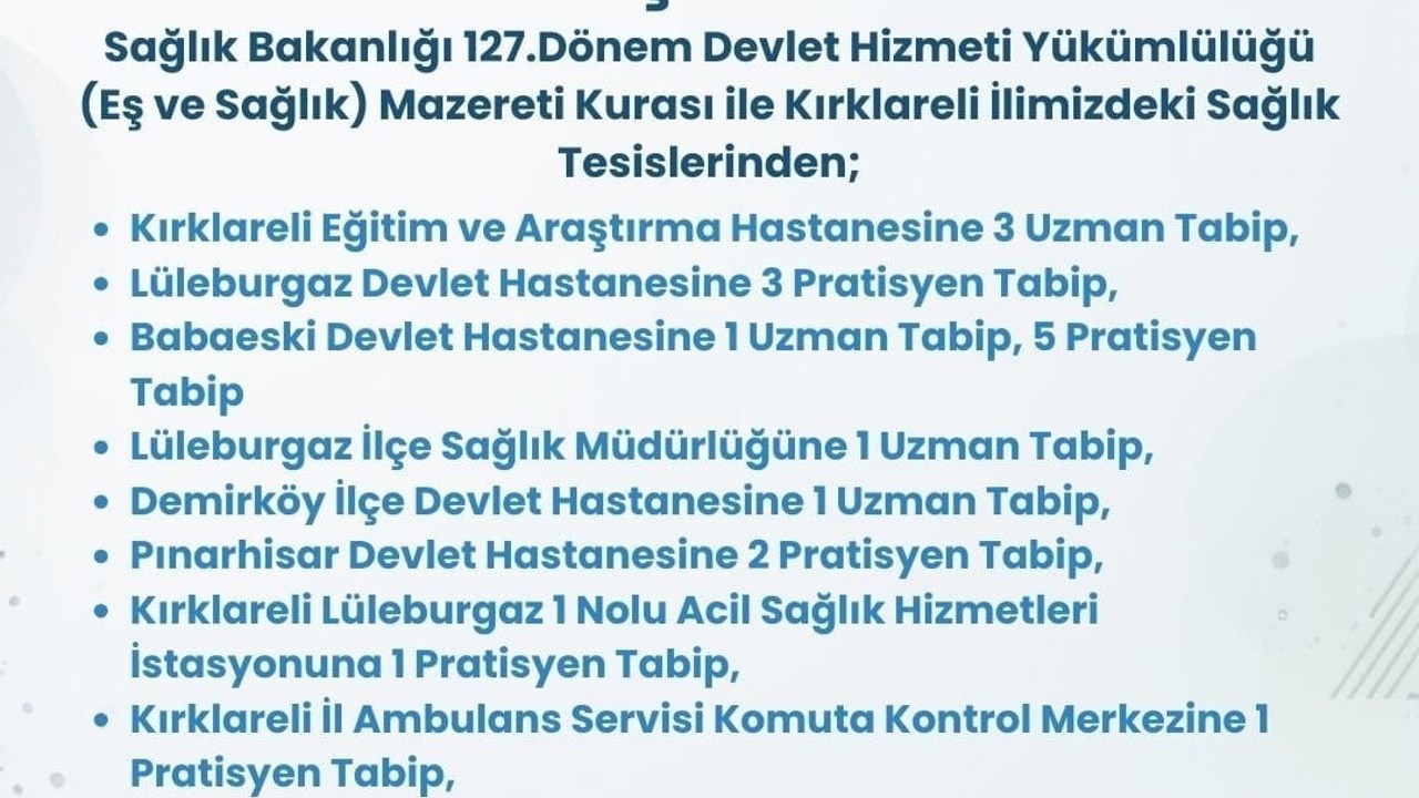 Kırklareli’ne 21 hekim kadrosu tahsis edildi
