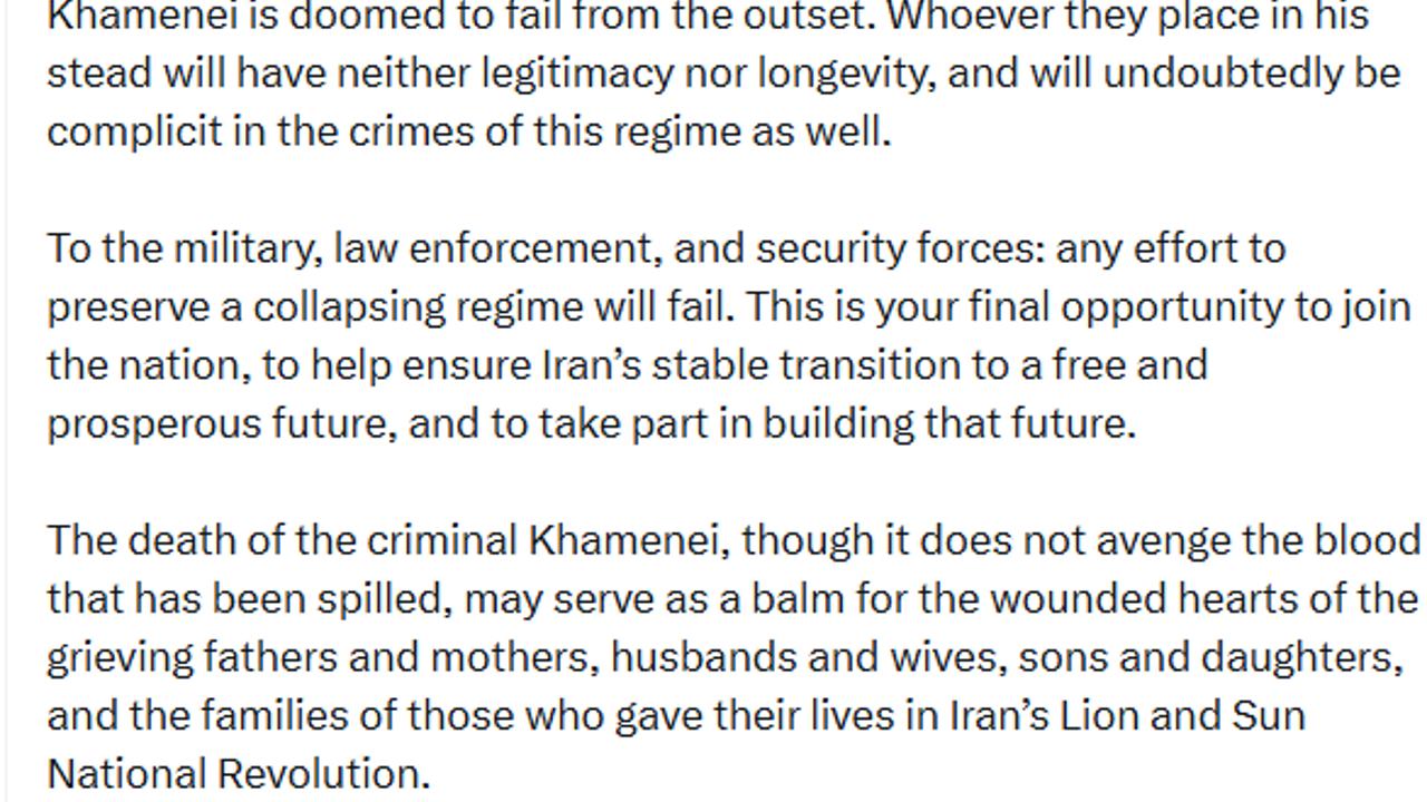 Sürgündeki Rıza Pehlevi: "Hamaney’in ölümüyle, İran rejimi fiilen sona erdi"
