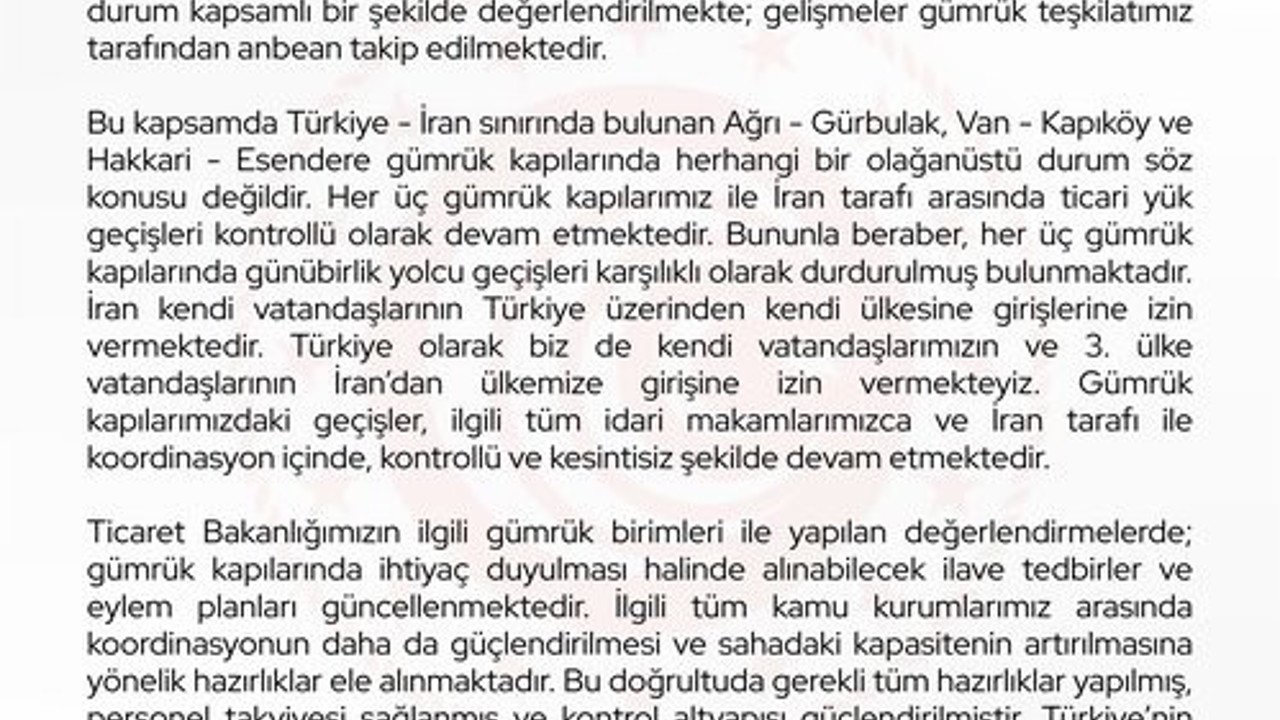 Bakan Bolat: "İran ile olan gümrük kapılarındaki mevcut durum anbean takip edilmektedir"

