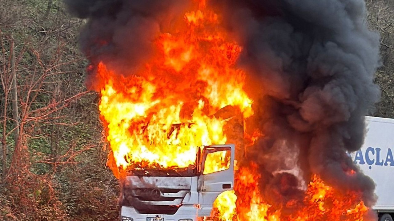 Rize’de arızalanan tır alev alev yandı
