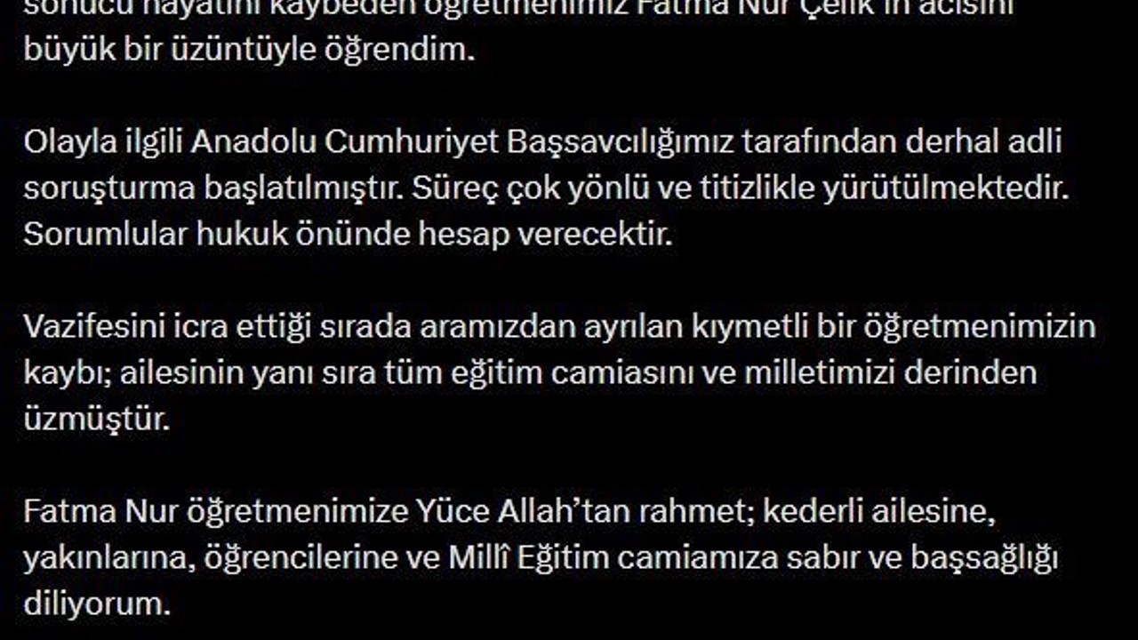 Bakan Gürlek: "(Öğretmen Fatma Nur Çelik) Olayla ilgili derhal adli soruşturma başlatılmıştır"
