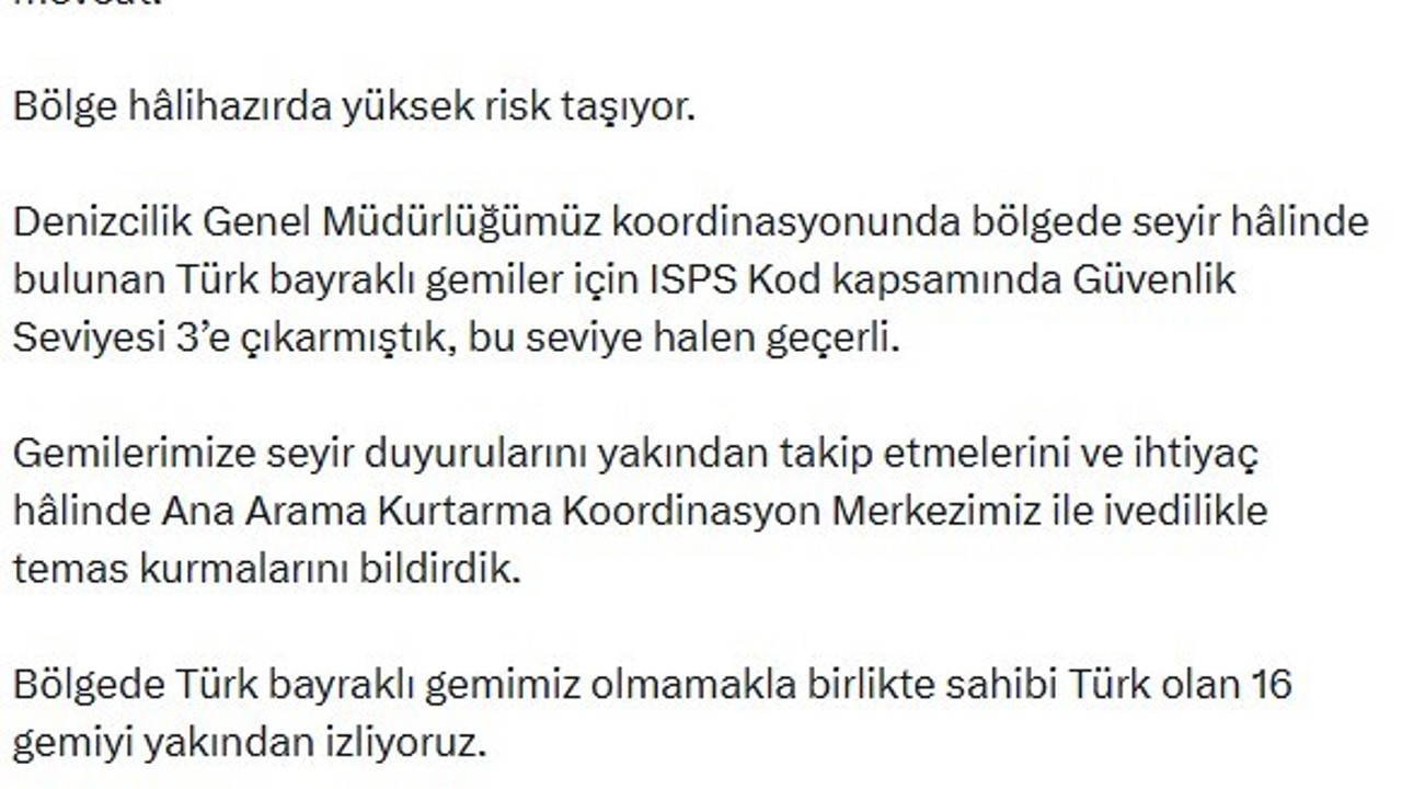 Bakan Uraloğlu: "Hürmüz Boğazı’ndaki ve bölgedeki su yollarındaki gelişmeleri anbean takip ediyoruz"
