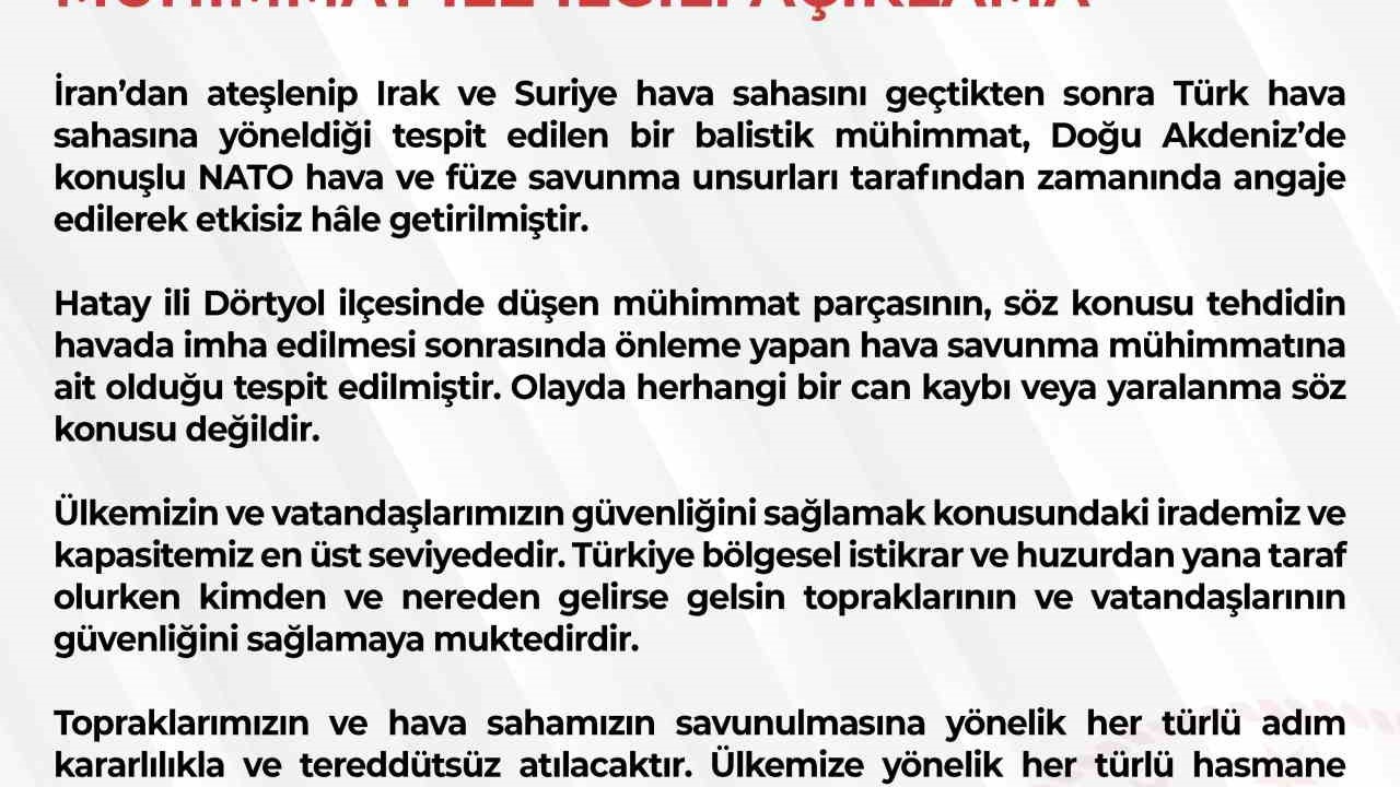 MSB: "Türk hava sahasına yönelen balistik mühimmat Doğu Akdeniz’de etkisiz hale getirildi"
