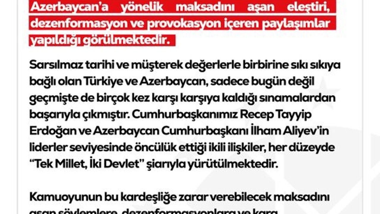 DMM’den Türkiye ve Azerbaycan ilişkilerine yönelik dezenformasyon içeren paylaşımlar hakkında açıklama
