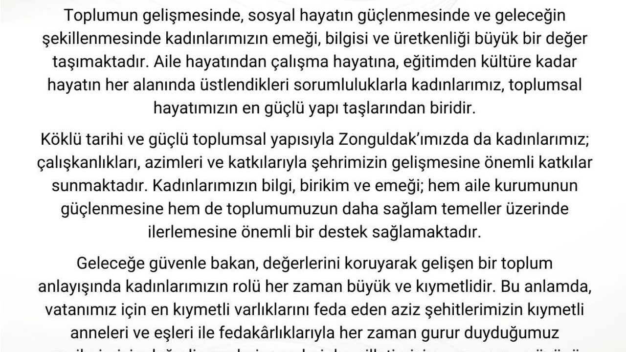Vali Osman Hacıbektaşoğlu’ndan 8 Mart mesajı: "Kadınlarımız toplumsal hayatın en güçlü yapı taşlarıdır"
