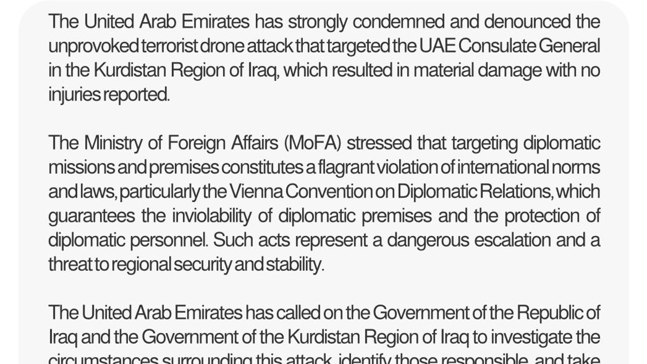 BAE, Irak Kürt Bölgesel Yönetimi’ndeki başkonsolosluğuna İHA saldırısı yapıldığını açıkladı: "Kınıyoruz"
