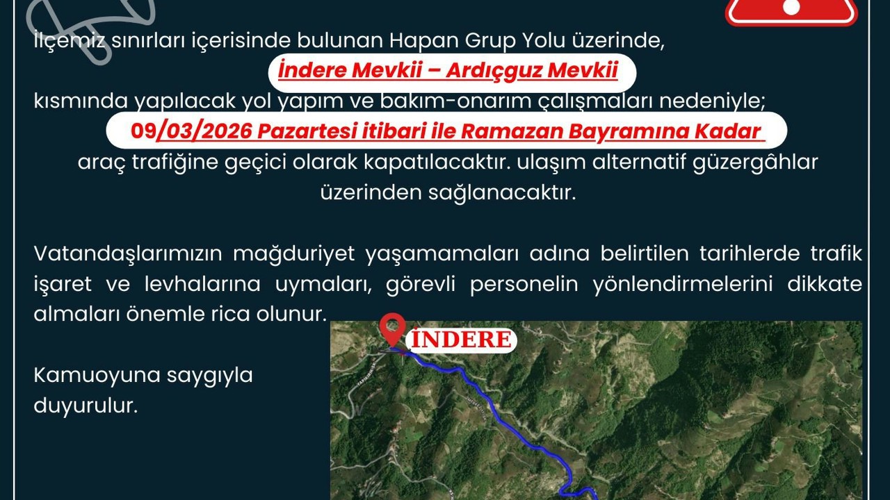 Ayvacık Kaymakamlığı: "Hapan grup yolu bayrama kadar kapalı"
