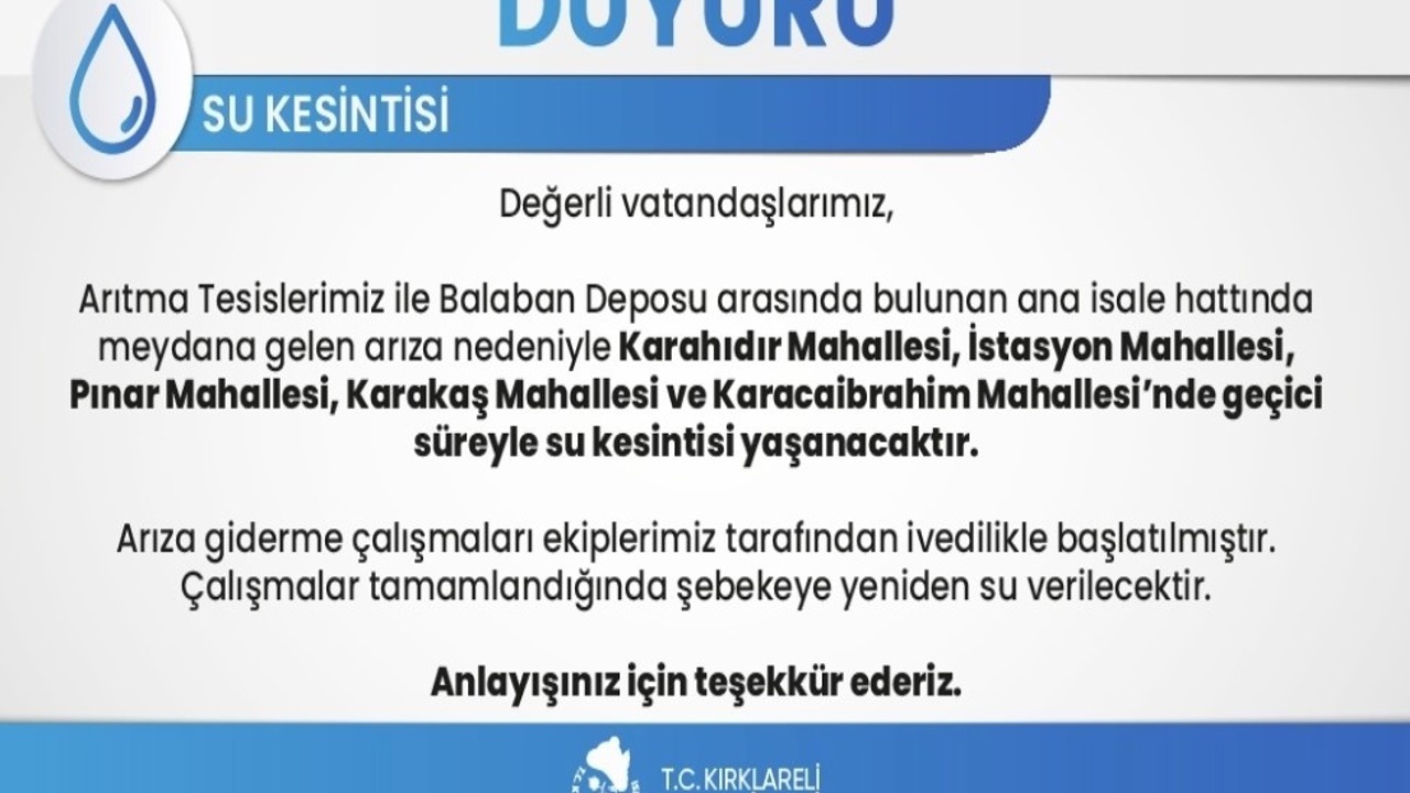 Kırklareli’nde su kesintisi Ramazan’da vatandaşları mağdur etti
