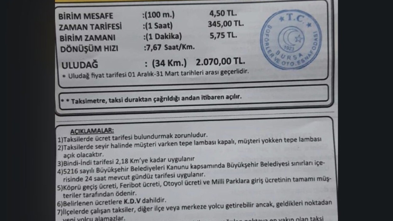 Bursa’da taksi ücretlerine zam: Yeni tarife belli oldu
