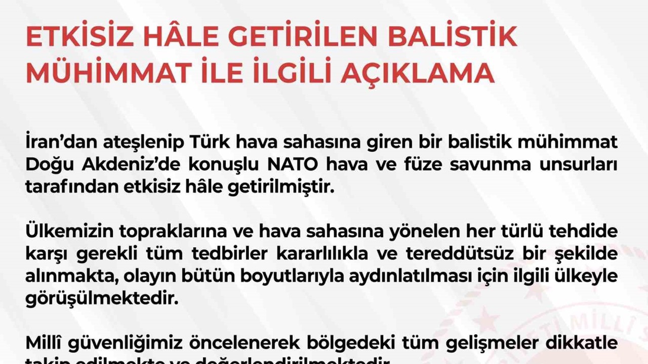 MSB: "Türk hava sahasına giren bir balistik mühimmat, Doğu Akdeniz’de konuşlu NATO hava ve füze savunma unsurları tarafından etkisiz hale getirilmiştir"
