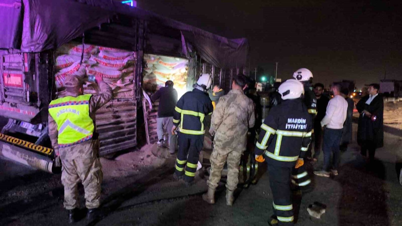 Mardin’de hayvan yemi yüklü tırın dorsesinde yangın çıktı
