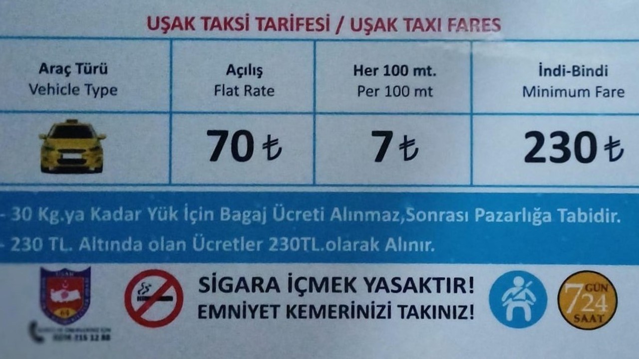 Uşak’ta taksi indi-bindi ücreti 230 TL oldu
