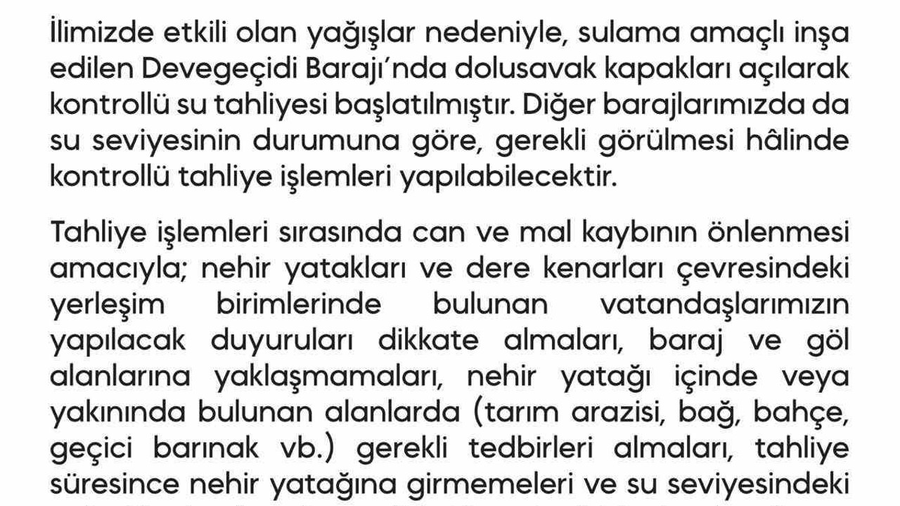 Devegeçidi Barajı’nda su tahliyesine başlandı

