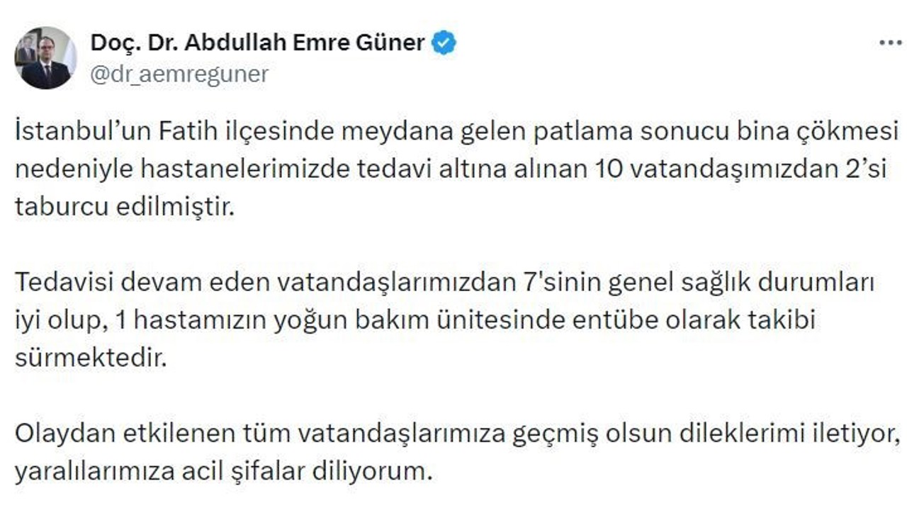İstanbul İl Sağlık Müdürü Doç. Dr. Abdullah Emre Güner: "Tedavi altına alınan 10 vatandaşımızdan 2’si taburcu edilmiştir"

