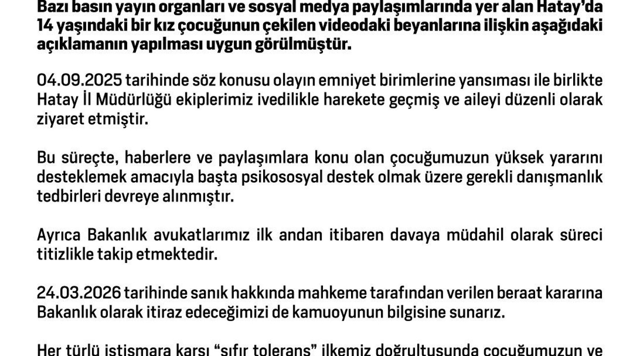 14 yaşındaki kız çocuğunun taciz iddialarına verilen beraat kararına Bakanlık itiraz edecek
