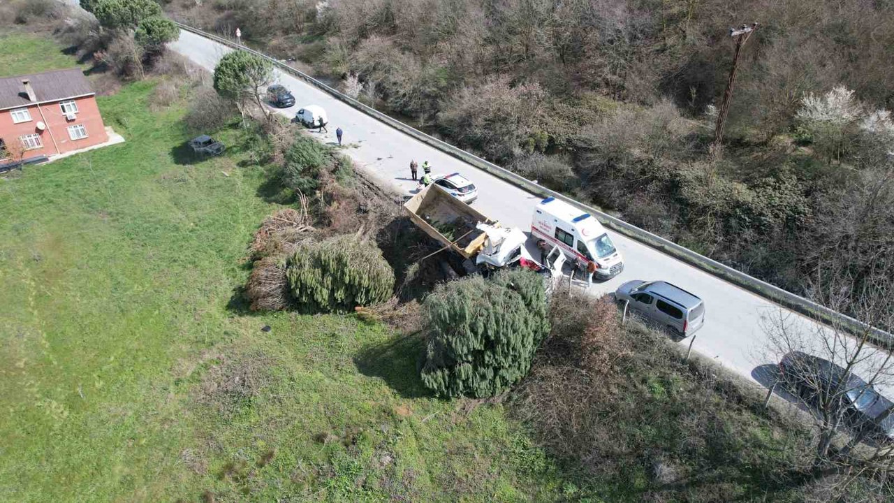 Arnavutköy’de hafriyat kamyonu çayırlık alana uçtu, ağaçların devrildiği alan havadan görüntülendi
