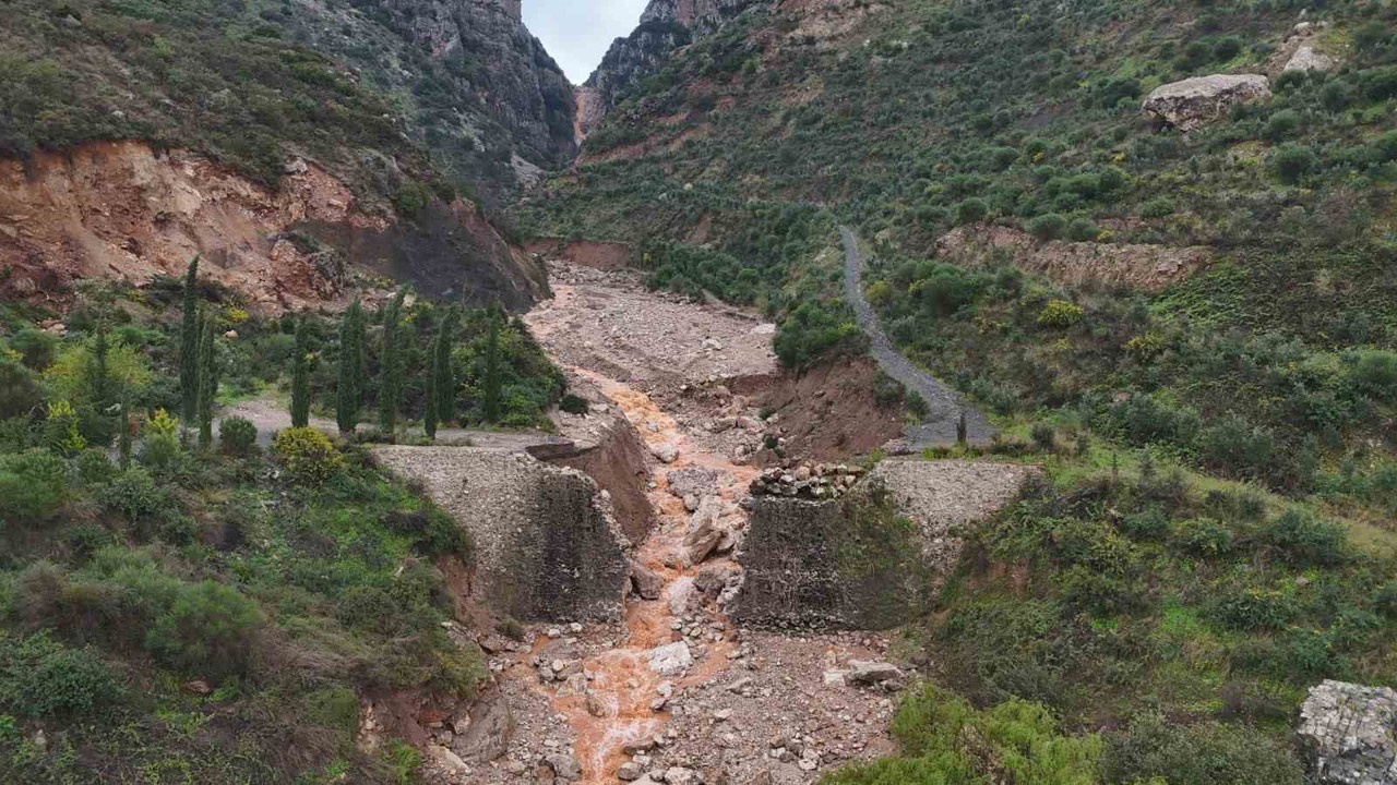 Aşırı yağışla birlikte derenin artan debisi köprüyü yıktı, yolda çökmeye neden oldu
