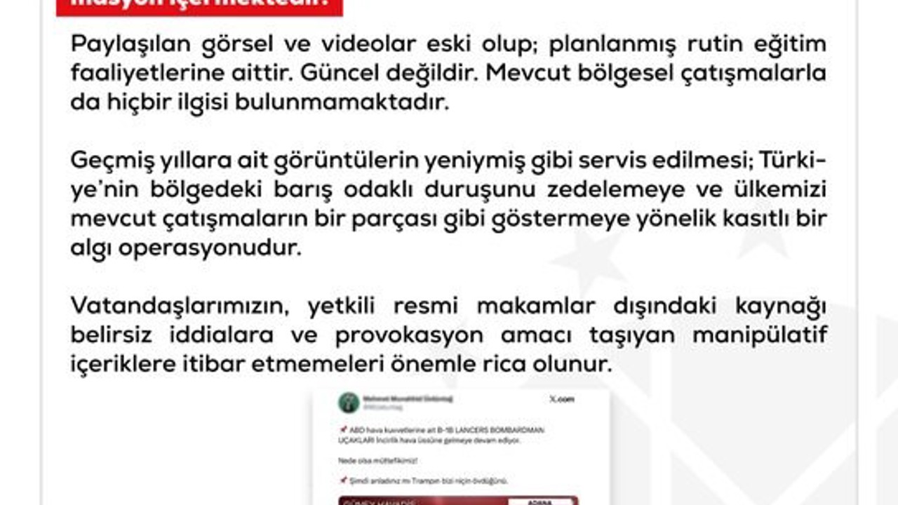DMM’den ABD’ye ait bombardıman uçaklarının İncirlik Üssü’nü kullandığı iddialarına yalanlama
