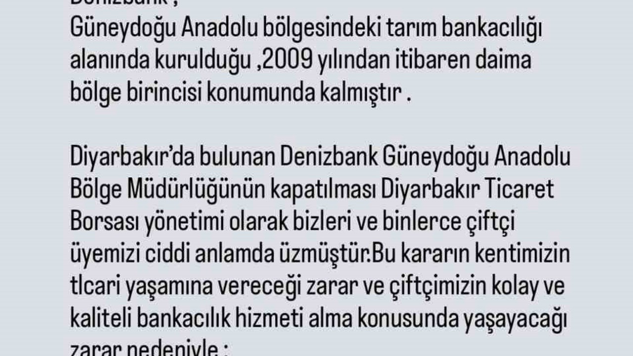 Ticaret Borsasından özel bankanın bölge müdürlüğünün kapatılması kararının geri alınması talebi
