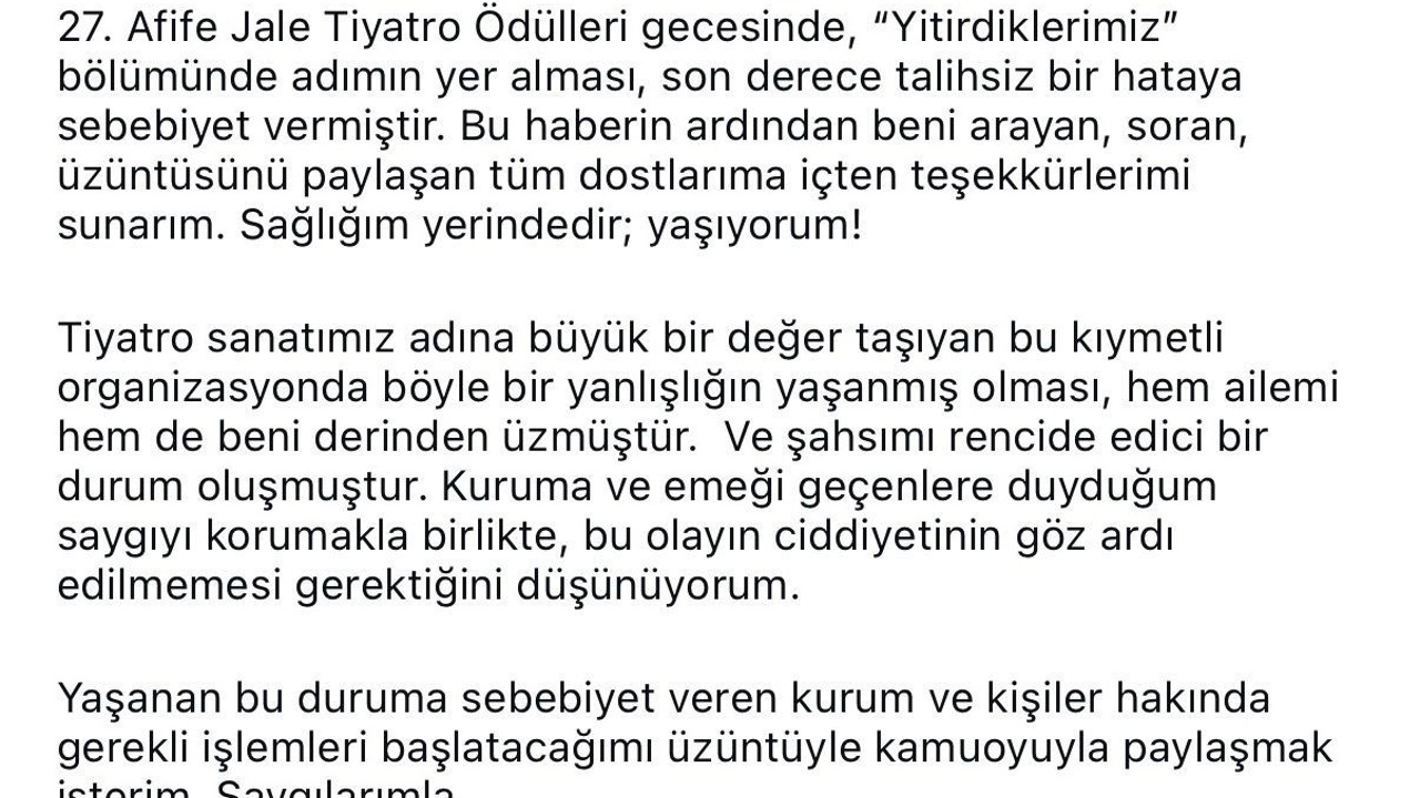 Afife Jale Tiyatro Ödülleri’nde akılalmaz hata: Oyuncu Alper Atak hayatını kaybedenler arasında anıldı
