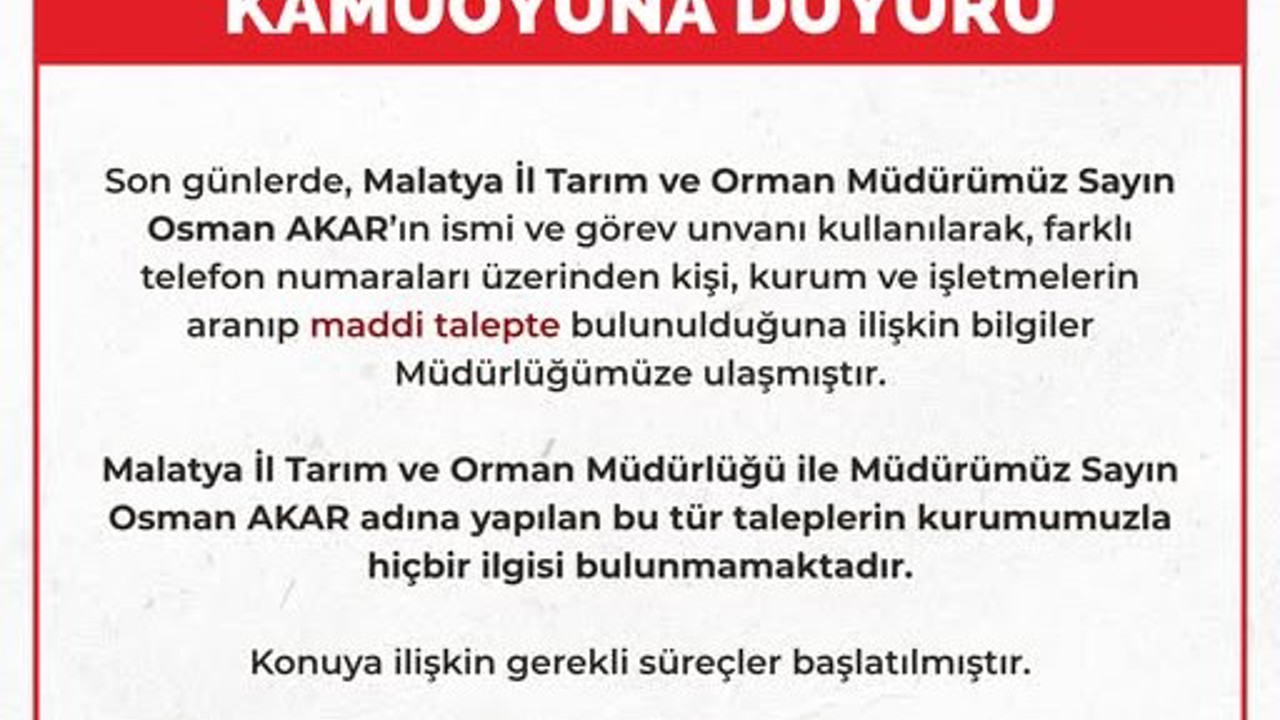 Malatya İl Tarım ve Orman Müdürlüğü'nden Dolandırıcılık Uyarısı