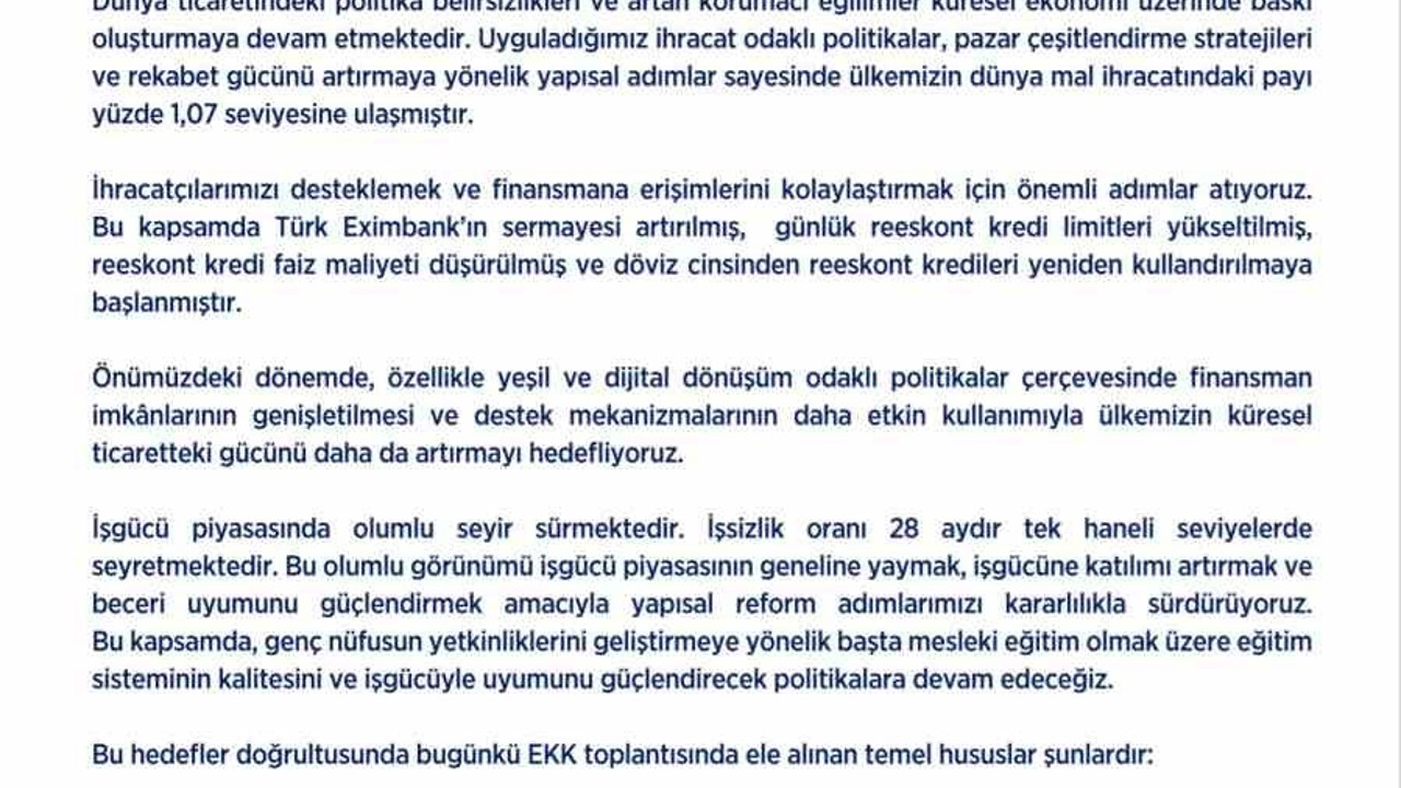 Ekonomi Koordinasyon Kurulu: "Enflasyonu tek haneye indirmek ve kalıcı refah artışı sağlamak hedefimiz"
