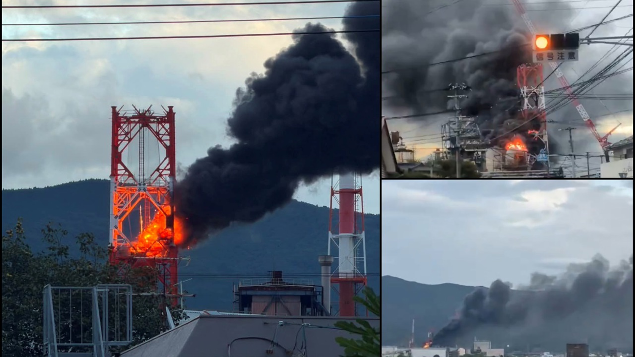 Japonya'da depremde hasar gören fabrikanın bacasında yıkım sırasında yangın çıktı