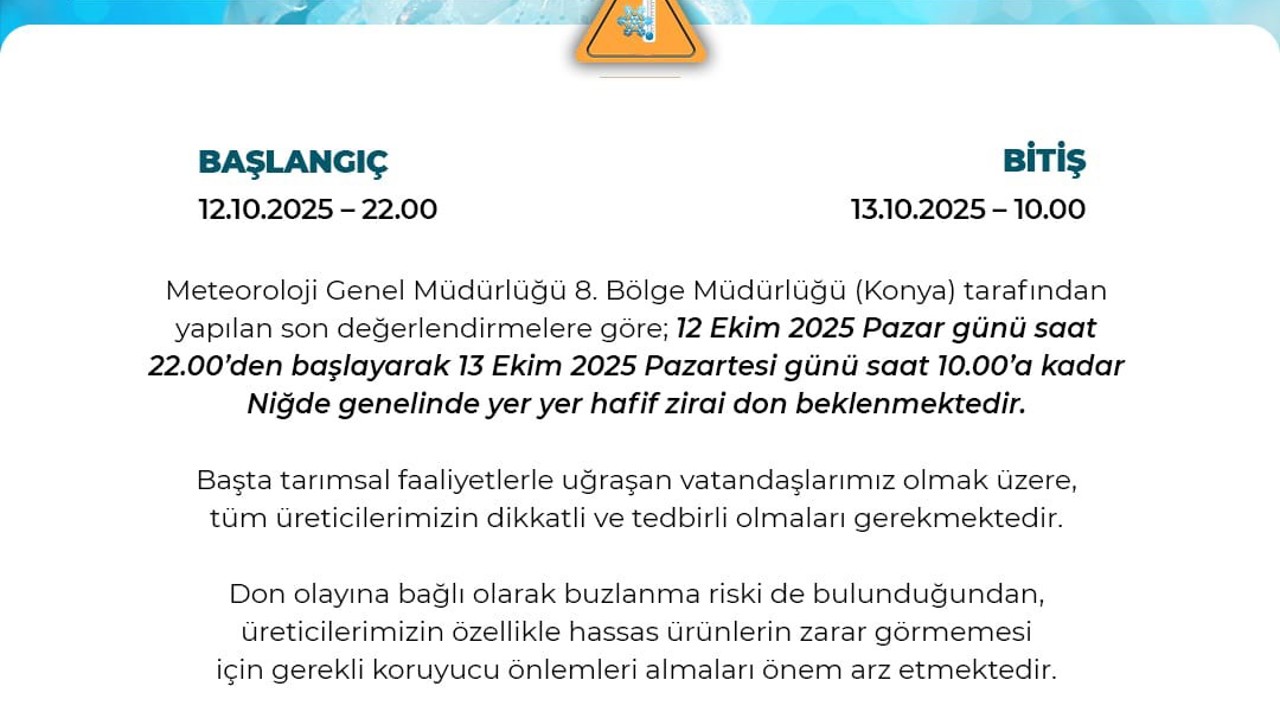 Niğde Valiliğinden zirai don uyarısı
