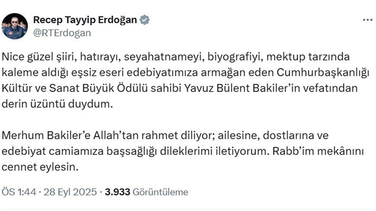 Cumhurbaşkanı Erdoğan’dan Bakiler için başsağlığı mesajı
