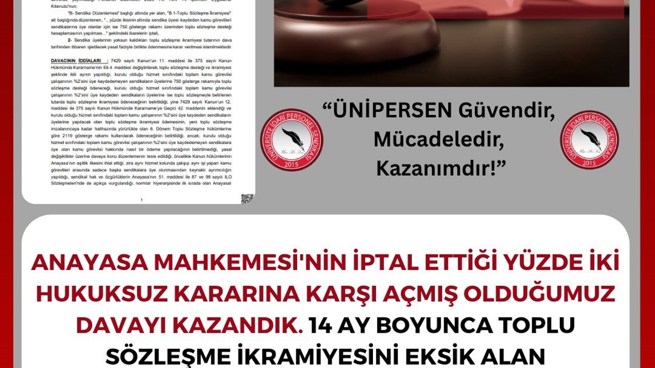ÜNİPERSEN açtığı davayı kazandı, toplu sözleşme ikramiyesini eksik alan kamu görevlilerine ödeme yapılacak
