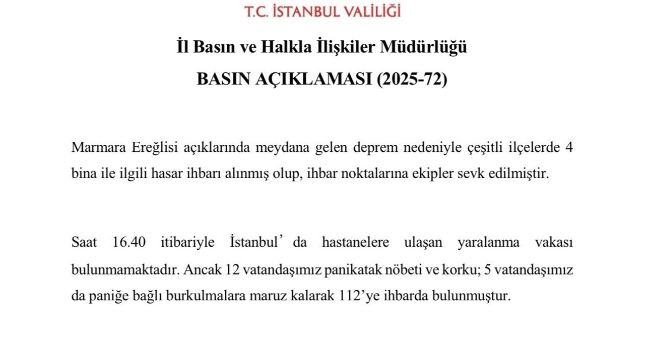İstanbul Valiliği: "4 binayla ilgili hasar ihbarı alındı, 17 vatandaş 112’ye ihbarda bulundu"

