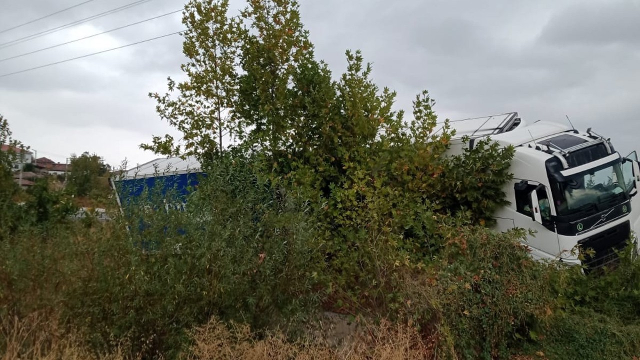 Yağışta yoldan çıkan tır şarampole girdi
