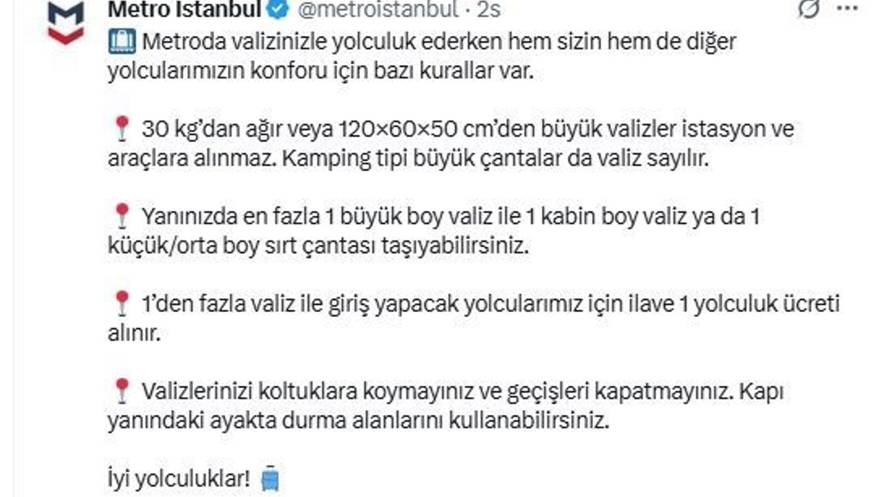 Metro İstanbul’da "valiz için ek ücret" dönemi
