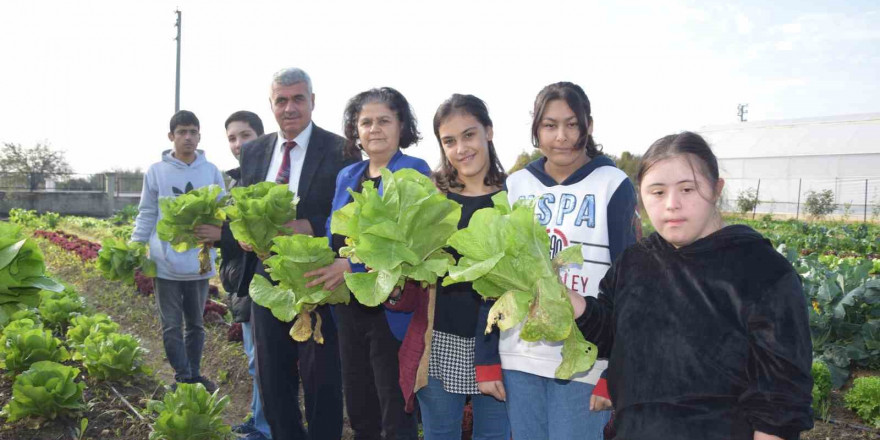 Özel öğrenciler, tarım lisesi öğrencilerinin ürettikleri mantarları ve sebzeleri birlikte topladı