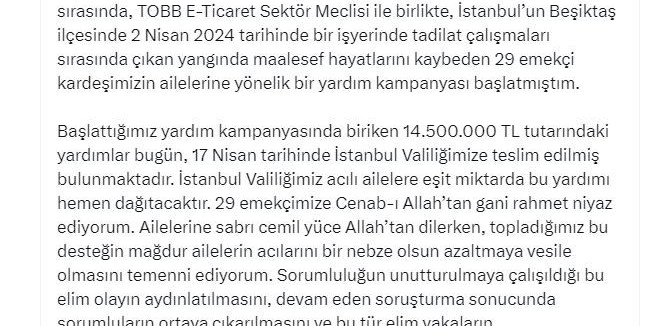 Ticaret Bakanı Bolat açıkladı: 'Beşiktaş’taki yangın faciasında hayatını kaybeden 29 işçi için 14 milyon 500 bin TL toplandı'