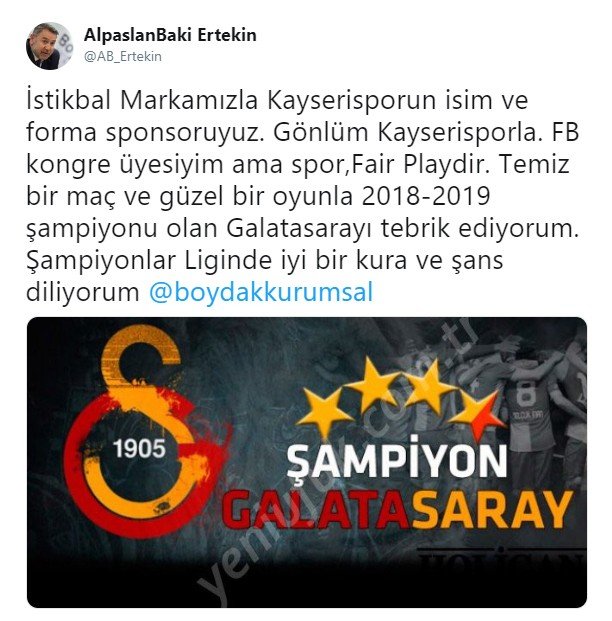 Kayserispor ana Sponsorundan şampiyonluk yorumu