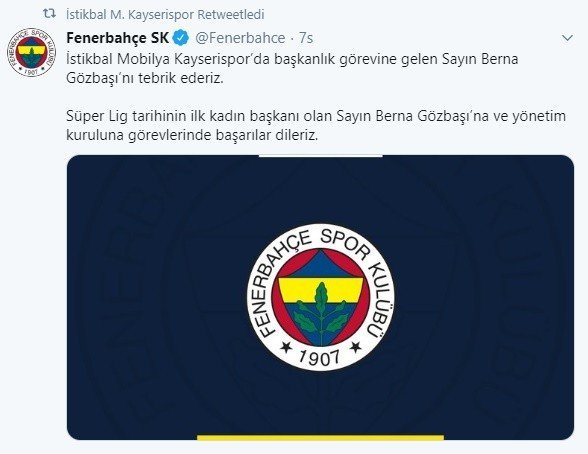 Kayserispor Kulüp Başkanı Berna Gözbaşı’ya tebrik yağıyor