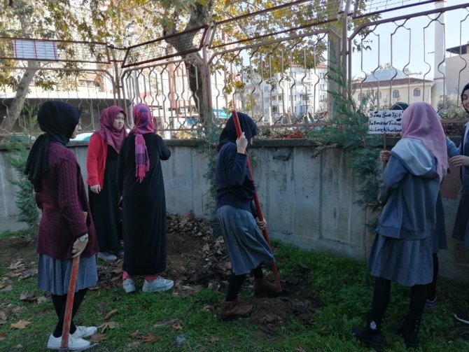Gönüllü öğrenciler okul bahçesine ağaç dikti