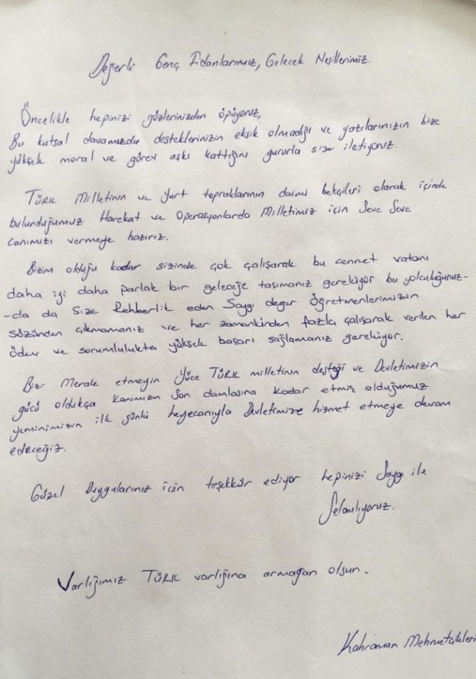 Mehmetçik’ten öğrencilere duygulandıran mektup