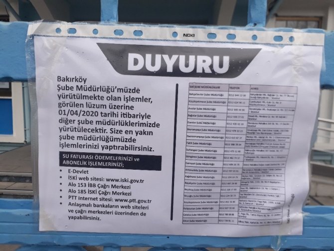 Bakırköy İSKİ şubesi korona virüs iddiasıyla kapatıldı