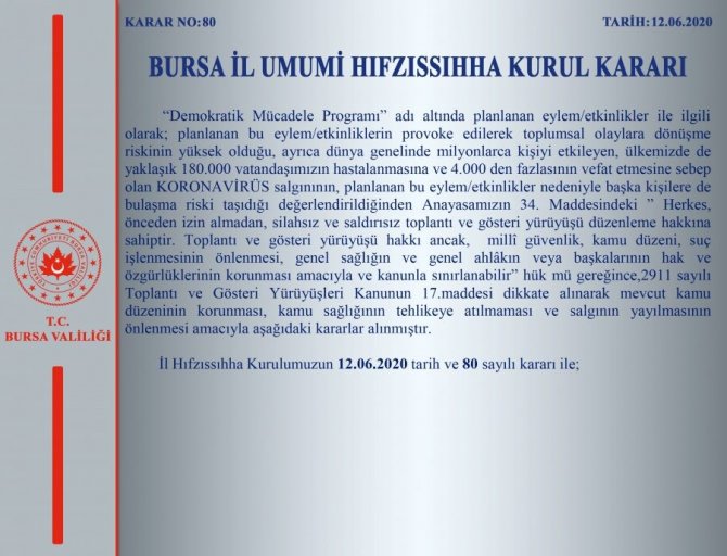 Bursa’da eylem ve etkinlikler yasaklandı
