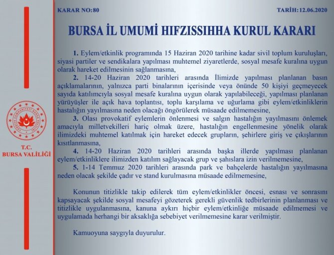 Bursa’da eylem ve etkinlikler yasaklandı